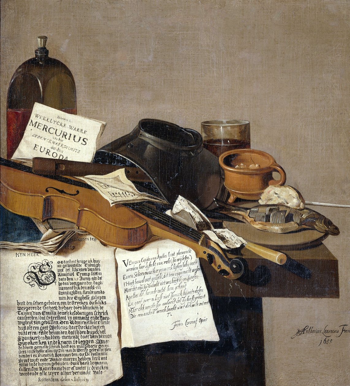 Antonius Leemans - Still Life with Pamphlets a Violin, Flute, Food and Pamphlets