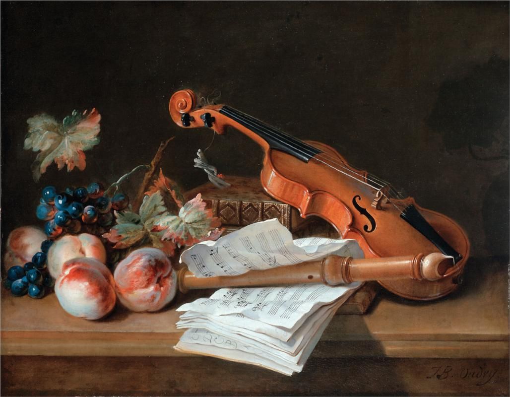Jean-Baptiste Oudry - Still Life with a Violin, a Recorder, Books, a Portfolio of Sheet of Music, Peaches and Grapes
